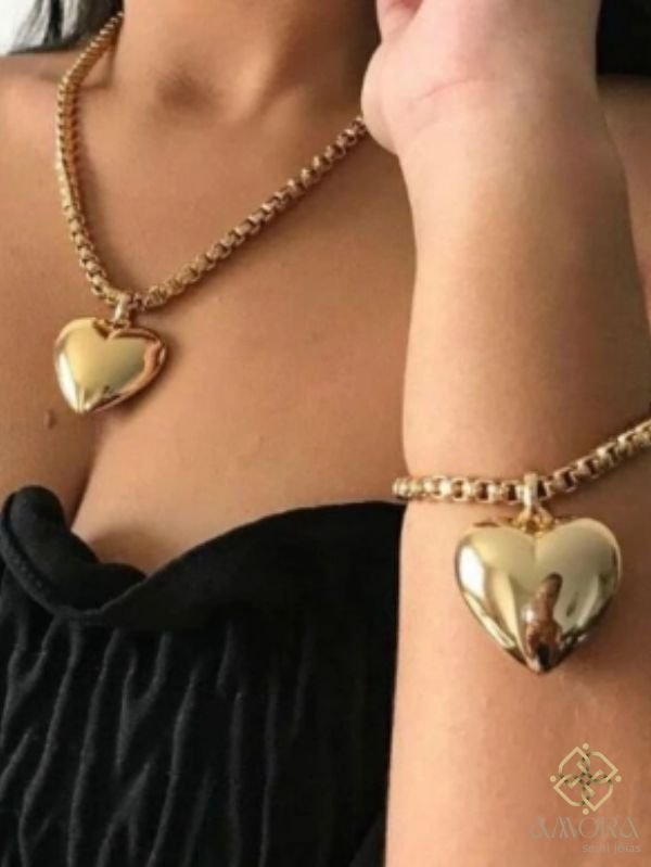 Conjunto Estiloso Colar e Pulseira Coração Big